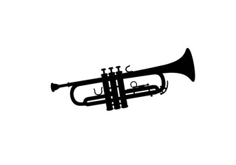 Naklejka premium A silhouette of a trumpet with valves, bell, and mouthpiece on a white background