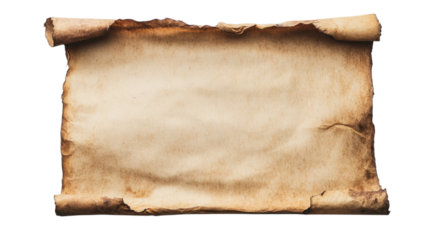 A piece of aged parchment lies flat, showcasing its worn edges and rustic appearance, perfect for creative writing