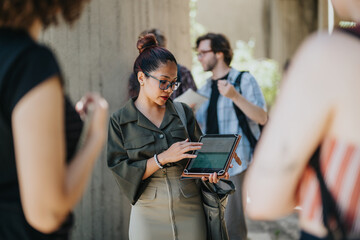 A professor engages with her students outdoors, using a tablet for interactive teaching in a college courtyard setting.