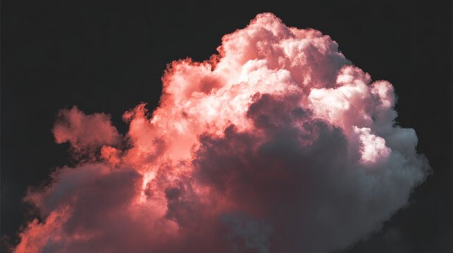 A luminescent, pink-tinged cloud floats against a dark grey sky, detailed texture visible