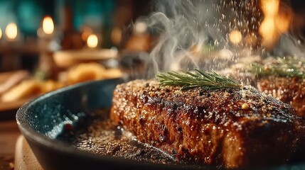 A succulent steak is seasoned with herbs and spices in a cast iron skillet, ready to be served in a cozy restaurant setting