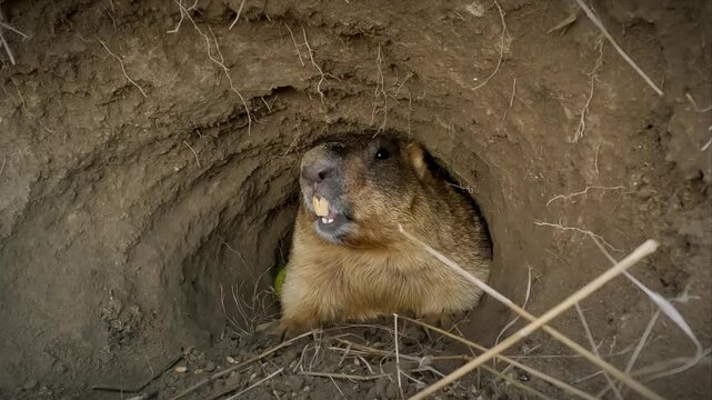 The Steppe Marmot (Marmota bobak) sits in the depths of its burrow, not far from the exit.