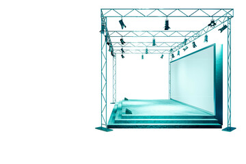 Isolated empty stage with spotlights and blank display screen, clean modern layout on white background. 3D Rendering for branding concept