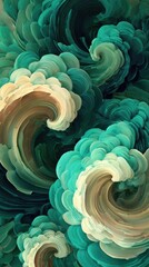 Abstract swirling teal and cream forms
