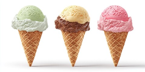 Three ice cream cones, each with a different flavor, sit on a white background