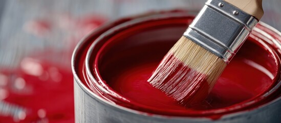 A paint can filled with red paint, a paintbrush dipped in the liquid, and a spilled patch