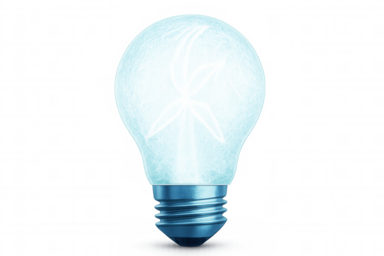 Light bulb with wind turbine inside illustrating green energy production, isolated on transparent background