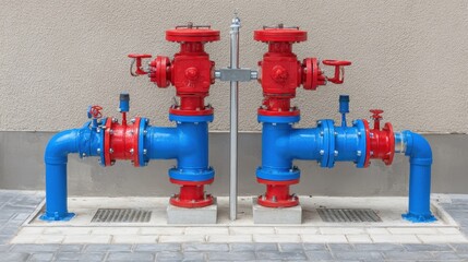Colorful Industrial Water Pipes and Valves in Urban Setting with Red and Blue Accents for Engineering and Construction Use