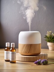 Matte white electric diffuser on a low ash wood platform, emitting lavender mist, with deep plum essential oil bottles beside it, against a soft greige wall