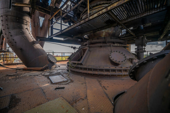Abandoned Heavy Industrial Ruins with Large Blast Furnace in Steelworks