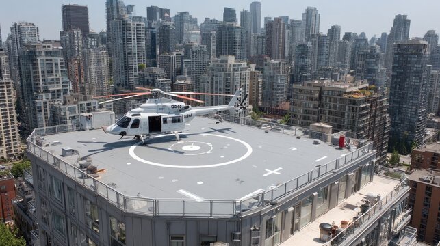 Helicopter landing on rooftop with city view