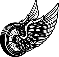 Motorcycle wheel with wings isolated on white background. Design elements for logo, label, emblem,sign. Vector illustration