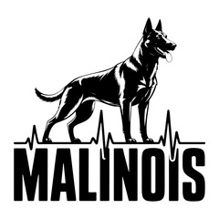 Black Belgian Malinois dog with heartbeat line and text black and white silhouette
