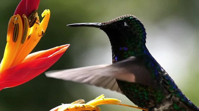 Hummingbird drinking nectar iridescent feathers perched near a red and yellow flower in a natural outdoor setting