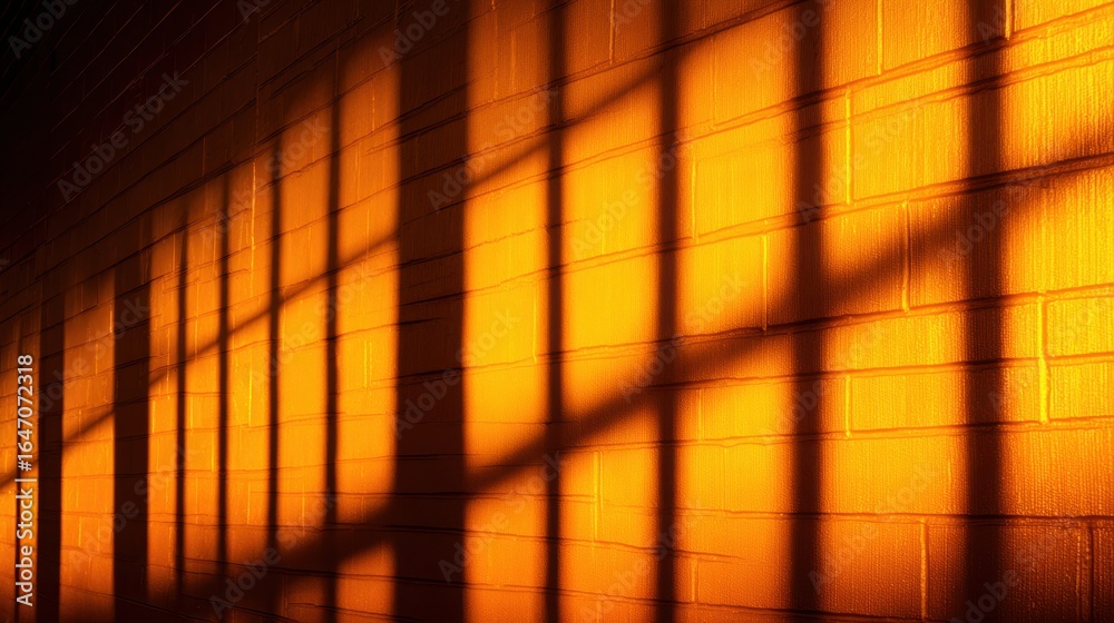 Wall mural shadows cast by window panes on a warm orange wall, creating an abstract pattern in the background