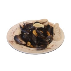 Steamed mussels with lemon and bread on white plate