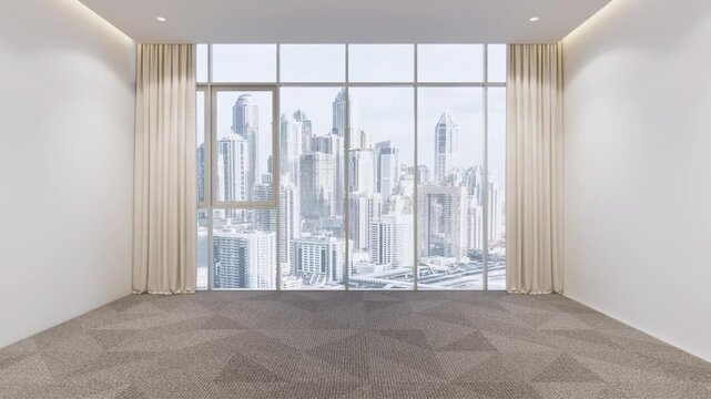 Zoom Out View Empty Modern Office Space Transforming Into Fully Furnished Conference Room In Time-Lapse, Minimalist Interior With City Skyline View, 3D Render Showing Before And After Design Evolution