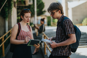 Students working together outside on an academic project in a school courtyard setting, focusing on...