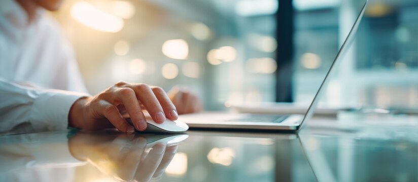 A person's hand uses a computer mouse near an open laptop, bright office lighting - Powered by Adobe