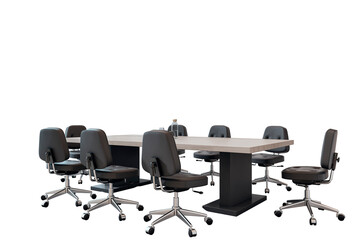 Office conference table with swivel chairs in clean layout, modern black seating around wood desk on white background. Concept of business workspace. 3D Rendering