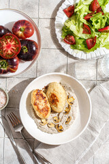 cutlets with mushroom puree and champignons