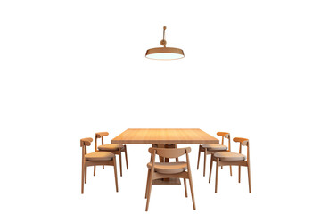 Wooden dining table set with six matching chairs and ceiling lamp isolated on white background, perfect for interior design and furniture layout. 3D Rendering