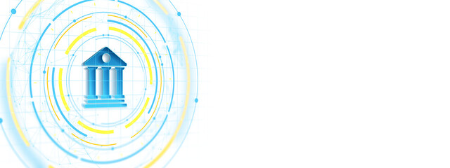 Blue digital bank icon in futuristic circular tech interface, isolated on white background. Concept of online banking and finance. 3D Rendering