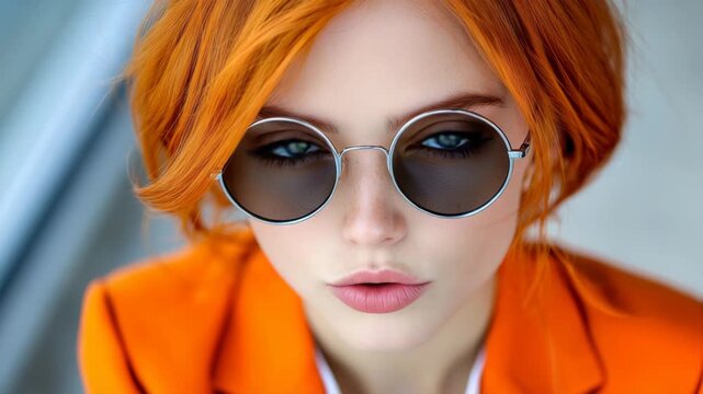 Woman with vibrant orange hair wearing round sunglasses looking directly at the camera