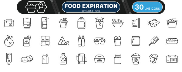Food Expiration and Fridge Organizer Line Icon Set for Meal Planning and Kitchen Management