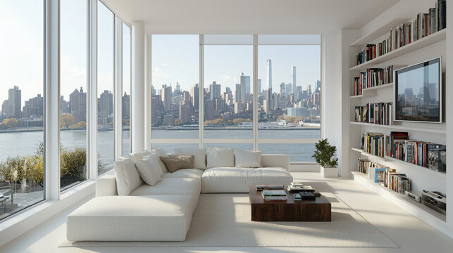 Small living room with white walls, floor-to-ceiling windows, and a city view. 