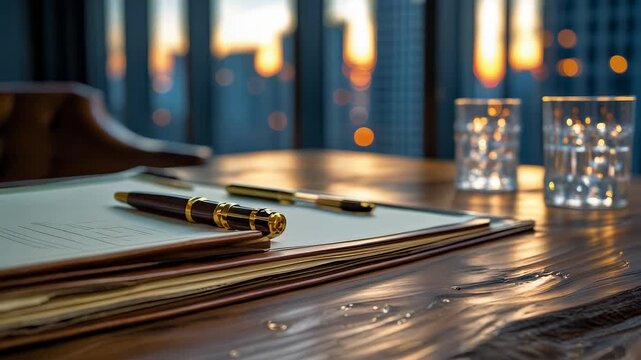 Office Desk Pens Paper Glasses City Skyline Sunset Window View Business Workspace