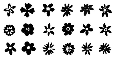 Vector abstract simple groovy flowers in minimalist style. Spring daisy, rose collection for postcard, sticker decoration.