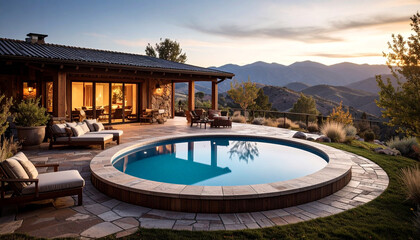 Photorealistic rustic backyard, oval swimming pool, natural stone deck, panoramic mountain backdrop