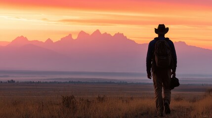A lone hiker with a backpack walks towards majestic mountains at sunset, capturing serene wilderness beauty