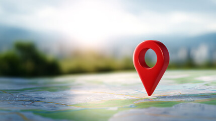 Red location pin icon placed on a map background, symbolizing navigation and direction, representing travel and exploration in a digital context

