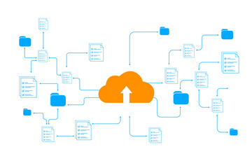 Cloud upload icon with files and folders connected digitally in abstract style on white background. Concept of online data storage and computing. 3D Rendering