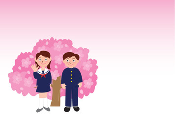 学生服の生徒と桜のポストカード
