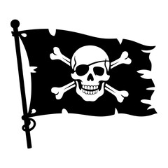Tattered pirate flag with skull and crossbones black and white