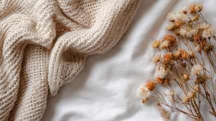 Cozy beige knit sweater with delicate white flowers on soft fabric background
