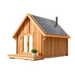 Wooden cabin with solar panels on transparent background