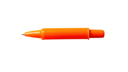 A bright orange pen lies on a white background, showcasing its sleek design and vibrant color