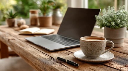 A laptop and a steaming cup of coffee on a rustic wooden table, with plants and a notebook, suggesting a cozy work or study environment