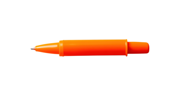 A bright orange pen lies on a white background, showcasing its sleek design and vibrant color