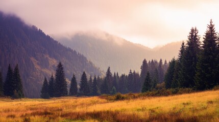 Serene mountain landscape at dawn with misty peaks and lush pine forests in the foreground