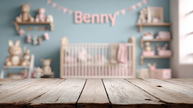 Pastel Blue Nursery Room with Pink "Benny" Name Letters Toys Crib Bunny Plush on Wooden Shelves Baby Decor Scene