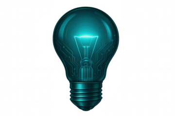Electronic circuit glowing inside a light bulb on a transparent background, symbolizing technological innovation and creativity