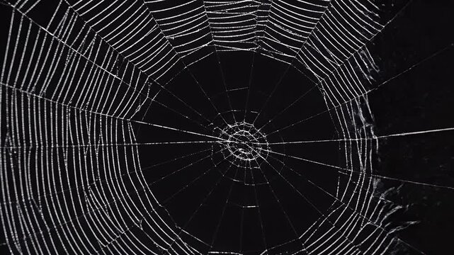 Detailed Macro Shot of an Intricate Orb Spider Web on a Dark Background, Capturing Delicate Silk Strands