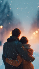 romantic couple walking in winter hugging in snow