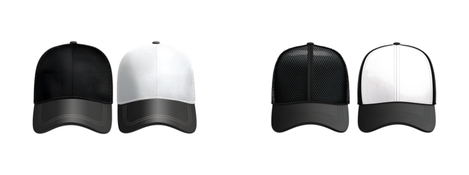 Set of black and white trucker caps mockup front view isolated on transparent background, PNG format, cut out