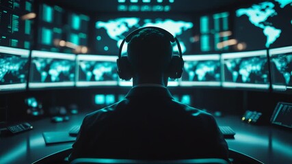 Silhouette of Person with Headphones Monitoring Multiple Screens Showing Global Maps in Dark Control Room - Powered by Adobe